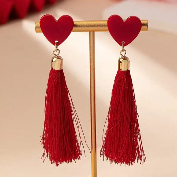 NEW Red Heart Studs with Long Red Tassels Earrings – BOHO Tassel Jewelry - Picture 3 of 4